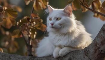 fofa gatinho sentado em uma árvore filial, encarando às Câmera gerado de ai foto