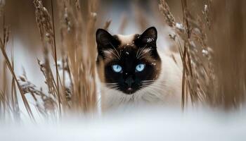 fofa gatinho sentado em grama, encarando com curioso azul olhos gerado de ai foto