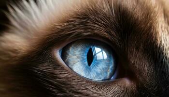 fechar acima do uma fofa doméstico gato encarando com azul olhos gerado de ai foto
