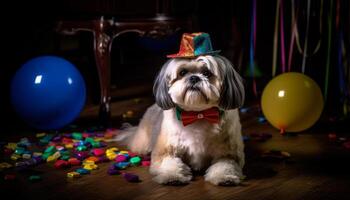 uma fofa cachorro comemora Está aniversário com uma pequeno festa gerado de ai foto