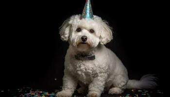 fofa cachorro sentado, olhando às Câmera, a comemorar aniversário com presente gerado de ai foto