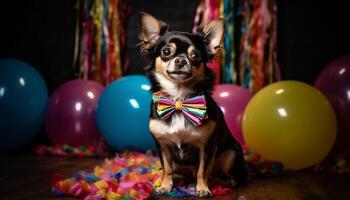 uma fofa cachorro comemora Está aniversário com colorida decorações e brinquedos gerado de ai foto