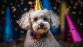 fofa cachorro comemora aniversário com amigos, cercado de colorida decorações gerado de ai foto