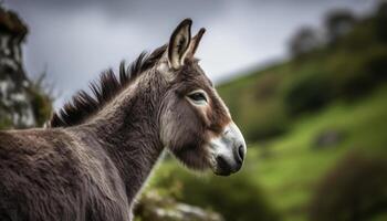 fofa cavalo pastar dentro verde Prado, olhando às Câmera gerado de ai foto