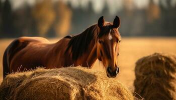 uma lindo cavalo roça pacificamente dentro uma rural Prado gerado de ai foto