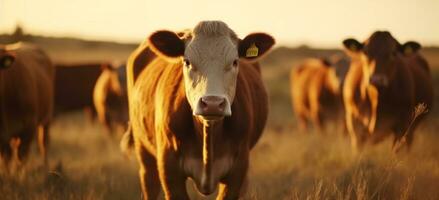 vacas pastar dentro uma Prado, debaixo a pôr do sol dourado brilho gerado de ai foto