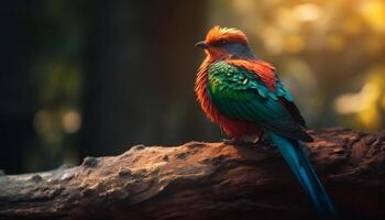 uma vibrante arara poleiros em uma ramo dentro a tropical floresta gerado de ai foto