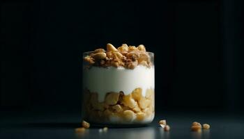 frescor e Doçura dentro uma saudável iogurte sobremesa com granola gerado de ai foto