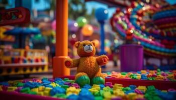 criança jogando com colorida brinquedo Urso de pelúcia Urso gerado de ai foto