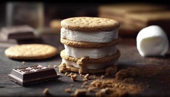 pilha do caseiro Sombrio chocolate biscoitos em rústico de madeira mesa gerado de ai foto