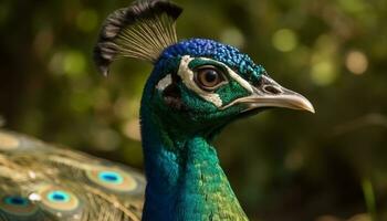 uma vibrante pavão monitores Está majestoso beleza dentro natureza gerado de ai foto