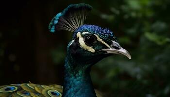 majestoso pavão monitores vibrante cores dentro natureza elegante beleza gerado de ai foto