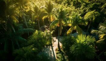 tropical Palma árvores balanço, verde folhas dança, natureza tranquilo beleza gerado de ai foto