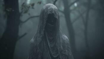 assustador névoa, Horror dentro Sombrio floresta, 1 pessoa caminhando sozinho gerado de ai foto