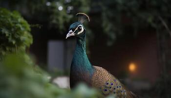 majestoso pavão monitores vibrante cores dentro tropical floresta tropical, cativante beleza gerado de ai foto