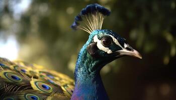 uma vibrante pavão monitores Está majestoso beleza dentro natureza elegância gerado de ai foto