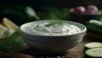 iogurte tigela com fresco pepino, tzatziki, aneto, e orgânico salsinha gerado de ai foto