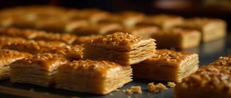 cozido pastelaria item, pronto para comer, baklava, doce, noz, amêndoa bolo gerado de ai foto