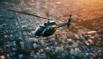 helicóptero vôo meio ar, hélice fiação, paisagem urbana abaixo, arranha-céus imponente gerado de ai foto