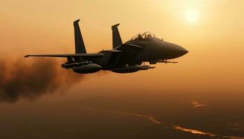 militares avião levando fora às crepúsculo, silhueta contra a pôr do sol céu gerado de ai foto