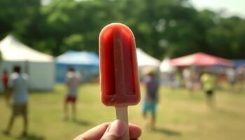 criança segurando gelo creme cone, desfrutando verão Diversão ao ar livre gerado de ai foto