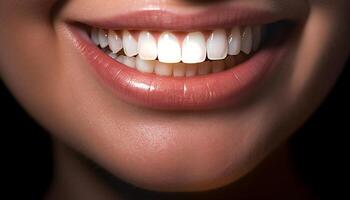 sorridente mulher com limpar \ limpo dentes, fresco e saudável dental beleza gerado de ai foto