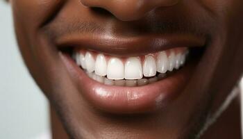 sorridente jovem mulher com uma fresco, cheio de dentes sorrir exalando confiança gerado de ai foto