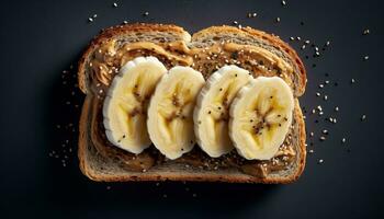 frescor do gourmet refeição pão, banana, lanche, fatiar, fruta, doce gerado de ai foto