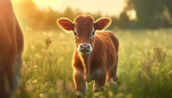 fofa vaca pastar em verde Prado, pôr do sol ilumina a panorama gerado de ai foto