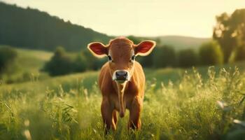 fofa vaca pastar dentro verde Prado, desfrutando a verão pôr do sol gerado de ai foto