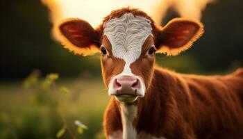 fofa vaca pastar em verde Prado, desfrutando a verão pôr do sol gerado de ai foto