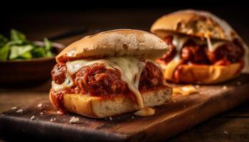 grelhado carne sanduíche em uma rústico pão com fresco tomate gerado de ai foto