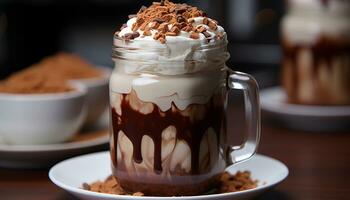 recentemente fabricado café dentro uma chocolate caneca em uma de madeira mesa gerado de ai foto