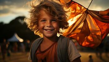 sorridente criança goza brincalhão ao ar livre, despreocupado dentro natureza beleza gerado de ai foto
