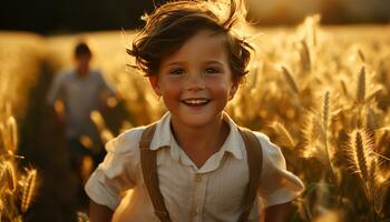 sorridente criança ao ar livre, felicidade dentro Rapazes' alegre infância natureza gerado de ai foto