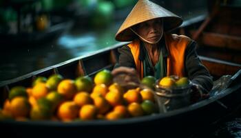 uma agricultor vendendo fresco orgânico frutas e legumes às a mercado gerado de ai foto