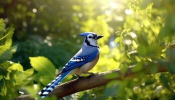 uma vibrante, colorida pássaro empoleirar-se em uma verde ramo dentro natureza gerado de ai foto