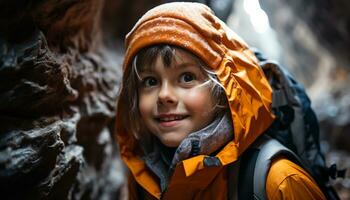 sorridente criança dentro inverno floresta, desfrutando ao ar livre aventura e felicidade gerado de ai foto