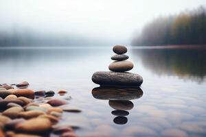 ai generativo. zen balanceamento pedrinhas em de madeira prancha Próximo para uma lago foto