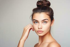 ai generativo. retrato do jovem fêmea morena menina com pão Penteado foto