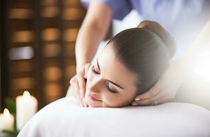 ai generativo. mulher desfrutando massagem às beleza spa foto