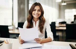 ai generativo. jovem atraente sorridente o negócio mulher foto