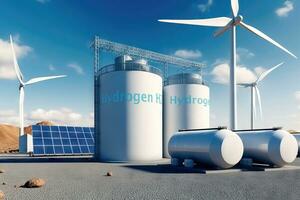 sustentável energia soluções - hidrogênio tanques, vento geradores, e solar painéis - generativo ai foto