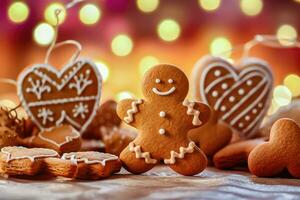 Pão de gengibre alegria - festivo guloseimas e Pão de gengibre homem em borrado bokeh fundo - generativo ai foto