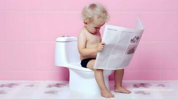 criança lendo jornal e banheiro foto
