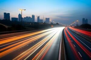 Tempo lapso fotografia do veículo luzes em a ponte às noite dentro cidade foto