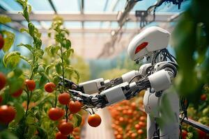 futurista tomate colheita - robô cyborg dentro estufa - generativo ai foto