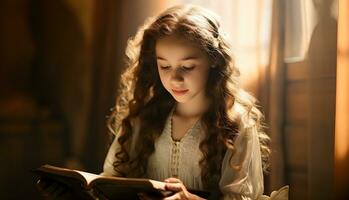 pequeno menina lendo Bíblia livro. adoração às lar. foto