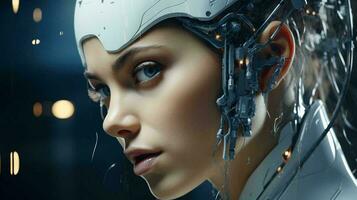 conexão do humano mulher e artificial inteligência robô. a conceito do fusão uma pessoa e uma computador com neural redes dentro a futuro. ai gerado foto