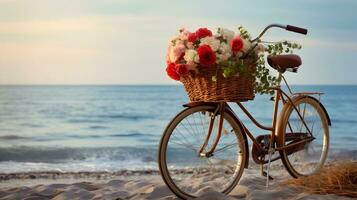 bicicleta com uma amarelo flor cesta Próximo para a mar. foto